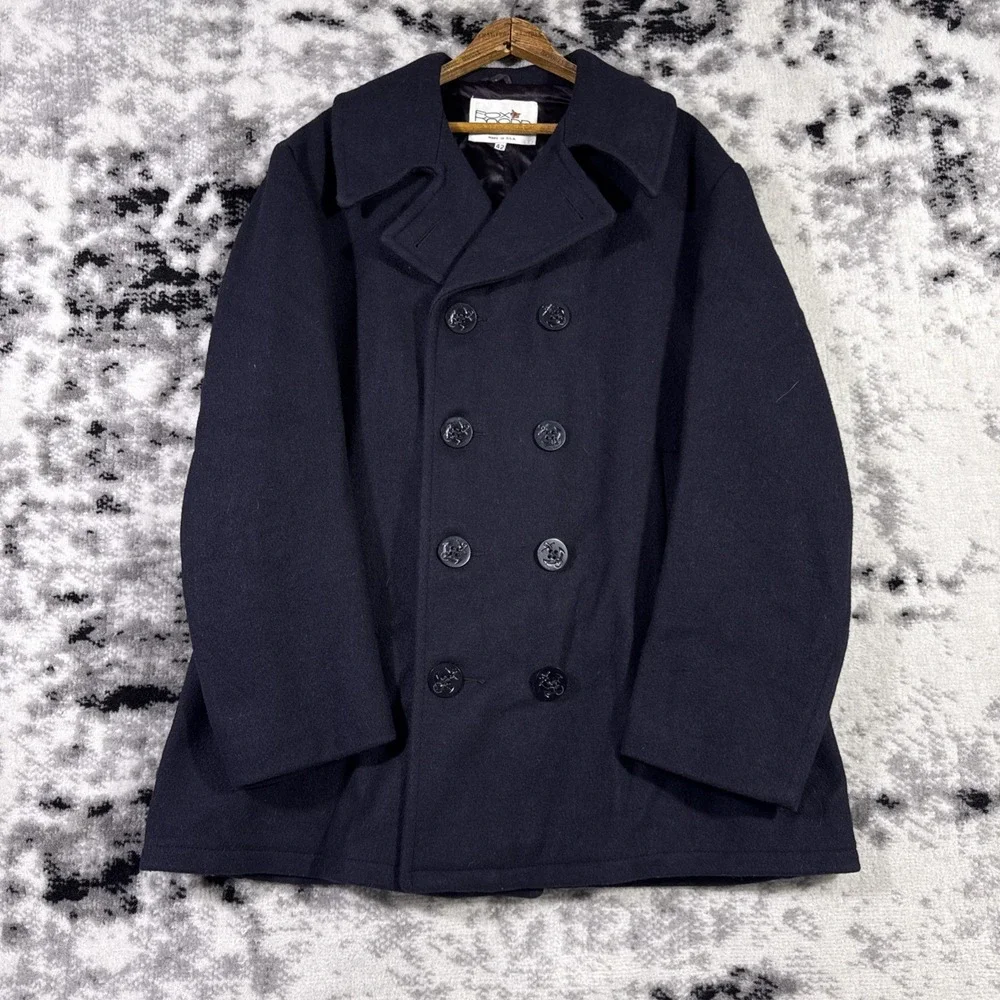 Fox Knapp Pea Coat Mens Size 42‎ Black Naval Buttons Officer City Wool Old Money